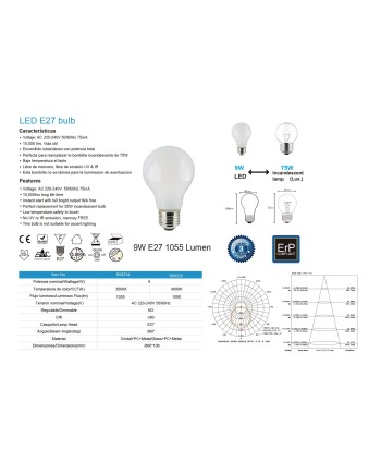 BOMBILLA LED - E27 OPAL ESTÁNDAR - 9W - 3000K - 1000Lm - 360º